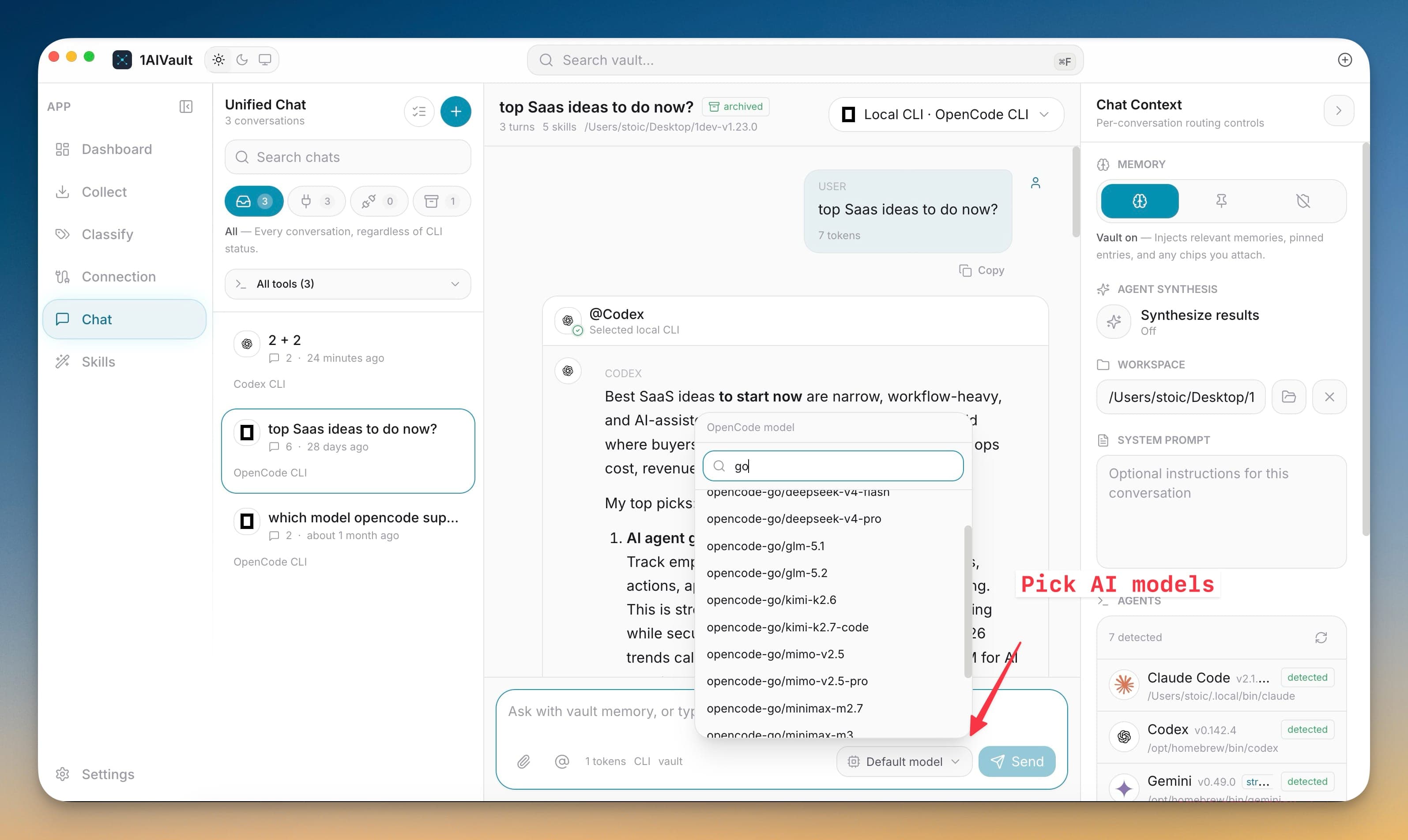 Unified Chat model picker showing detected local agents, model choices, availability details, and rescan controls.