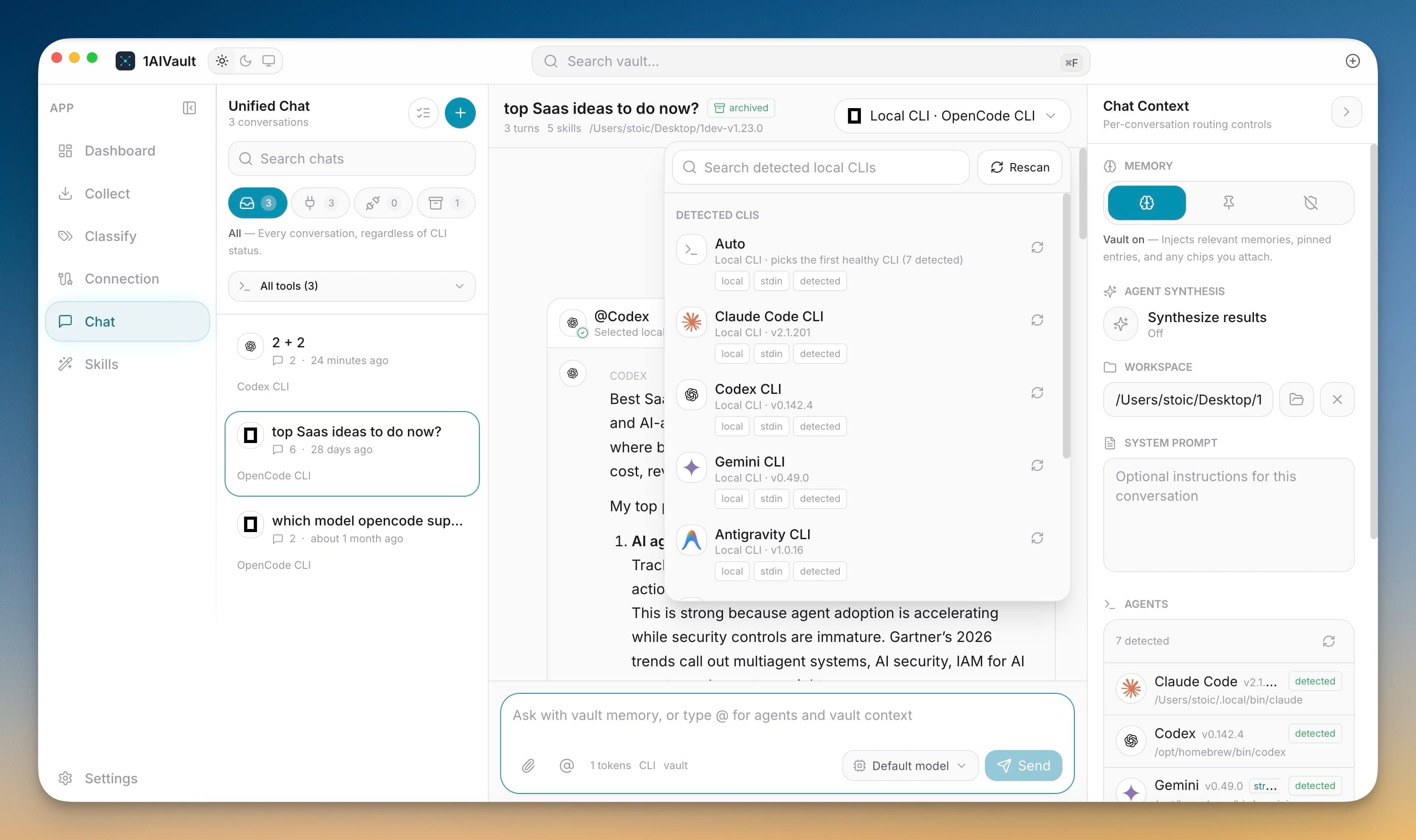 Unified Chat workspace in 1AIVault.