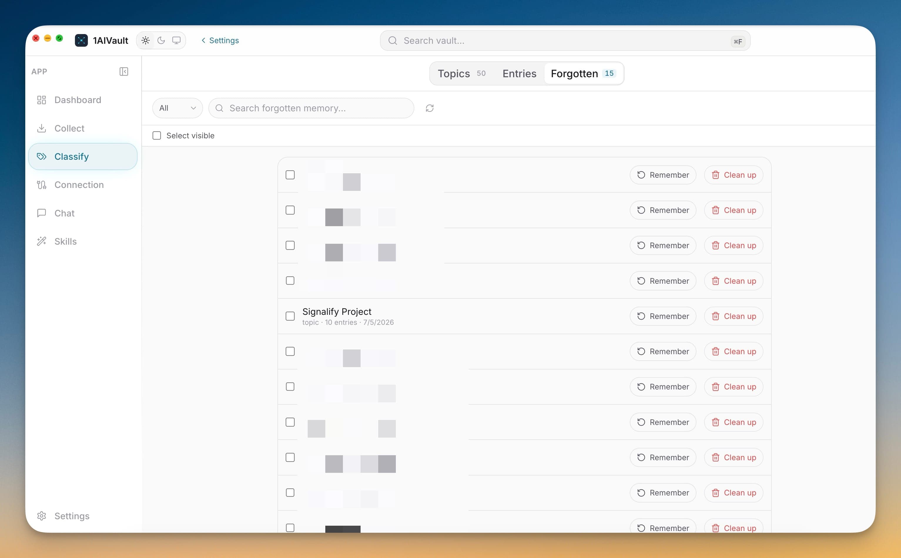 Classify Forgotten tab with remember and cleanup actions.