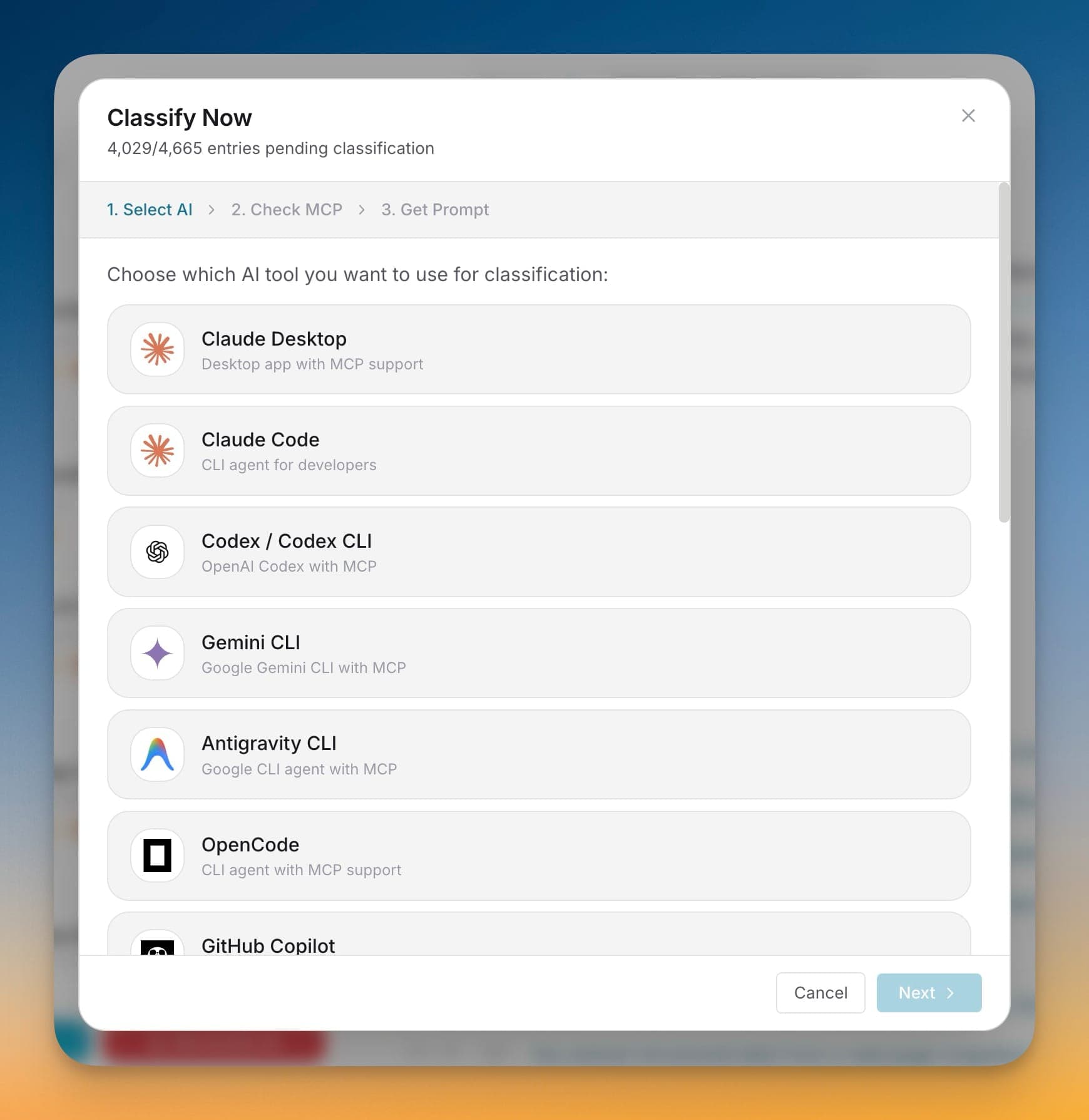 Classify Now wizard showing AI client selection.