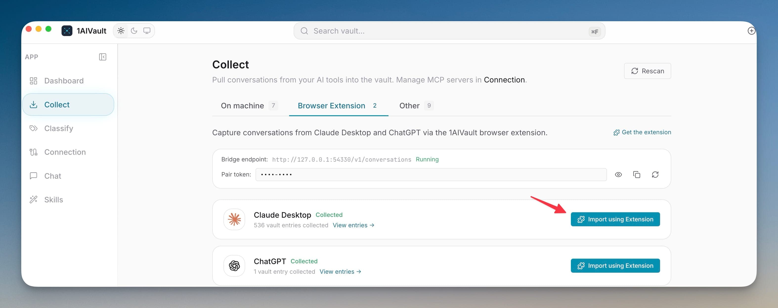 Collect Browser Extension tab with bridge status and install controls.