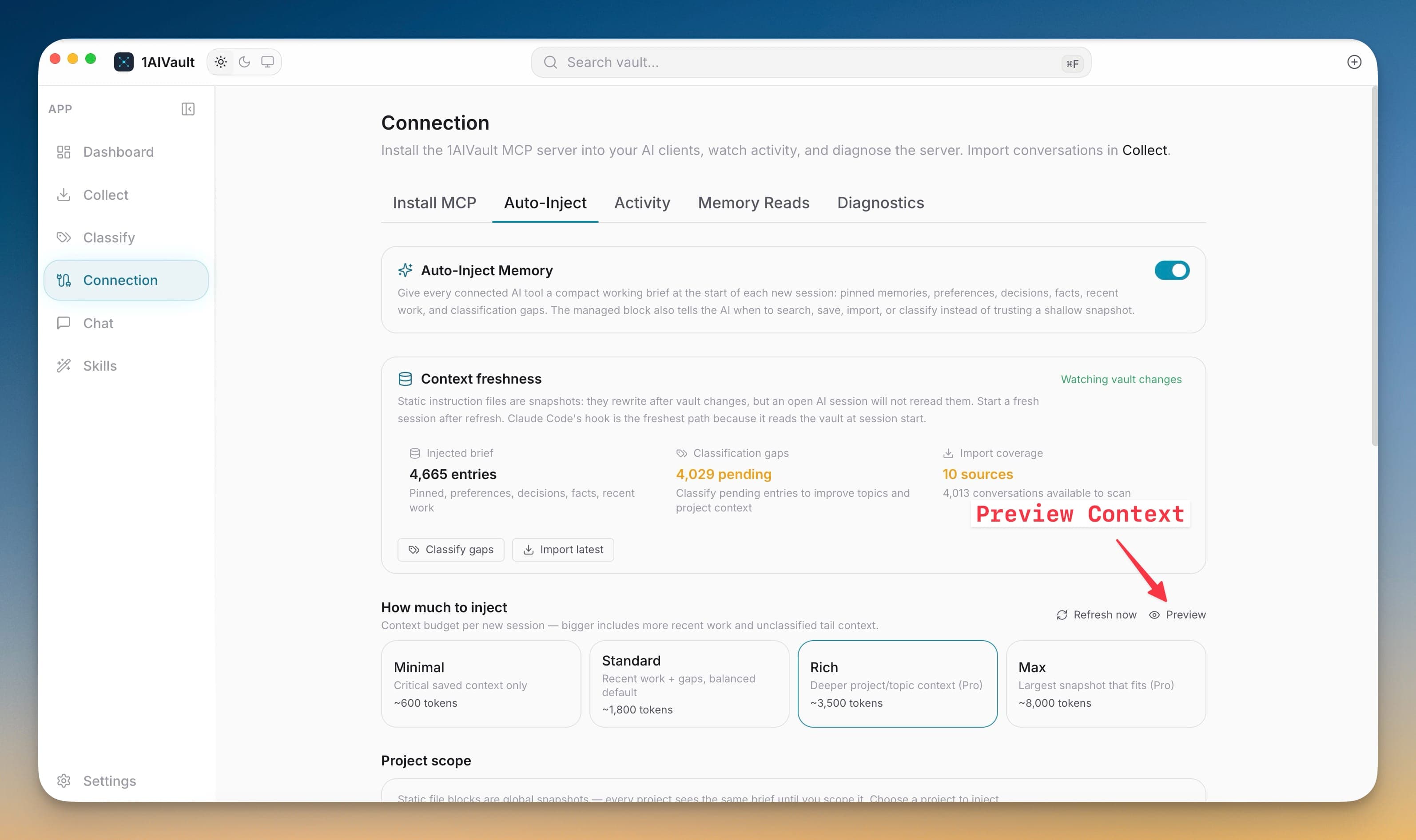 Connection Auto-Inject tab with memory profile controls.