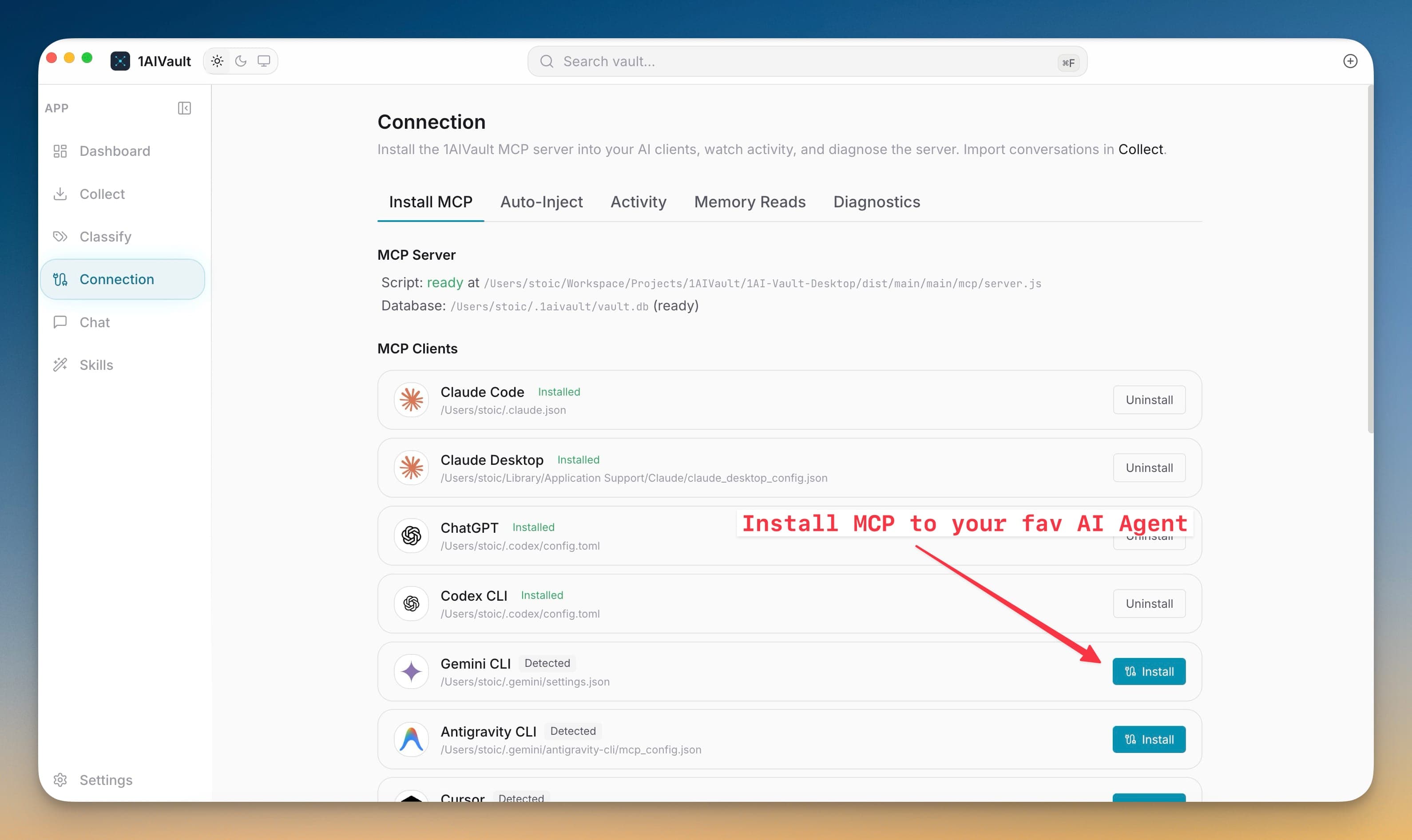 Connection Install MCP client list in 1AIVault.