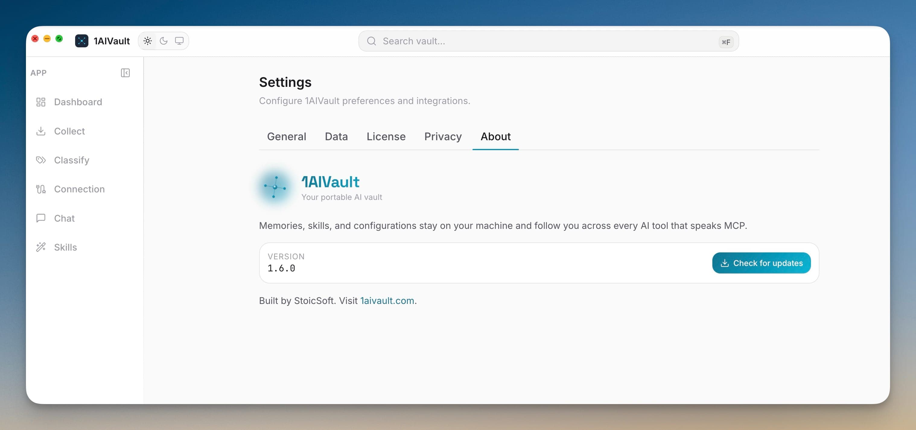 Settings About tab with software update check.