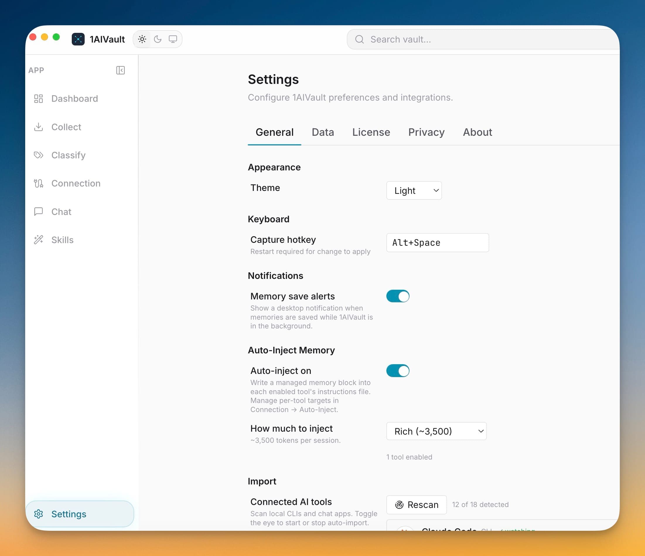 Settings General tab with keyboard and Auto-Inject preferences.