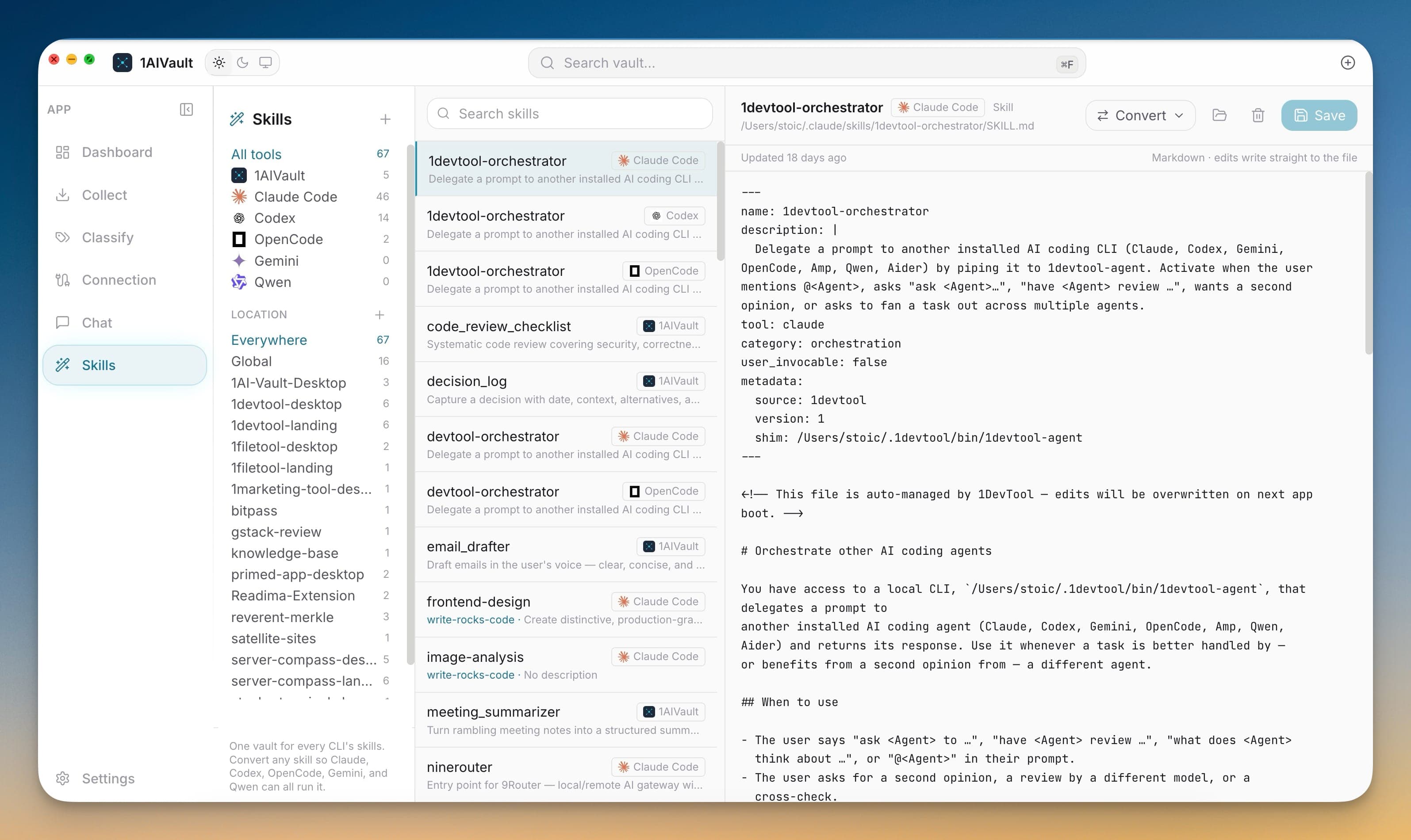 Skills Hub with tool filters, skill list, and editor.
