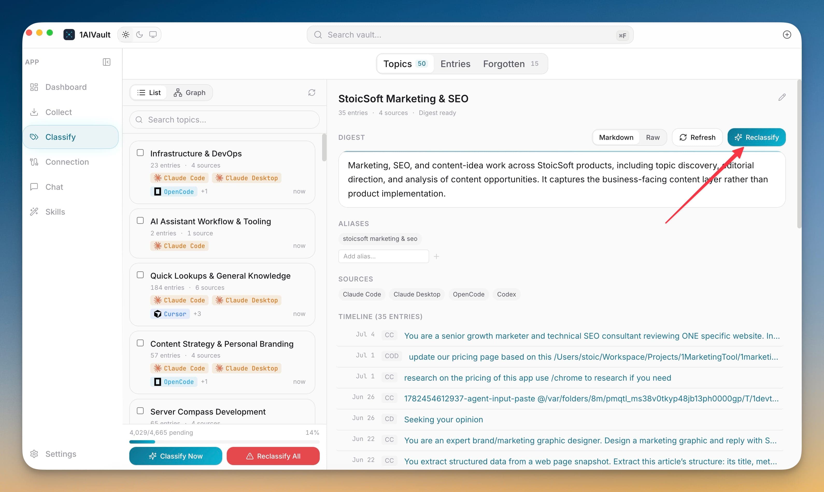Topic detail showing digest controls and Reclassify.
