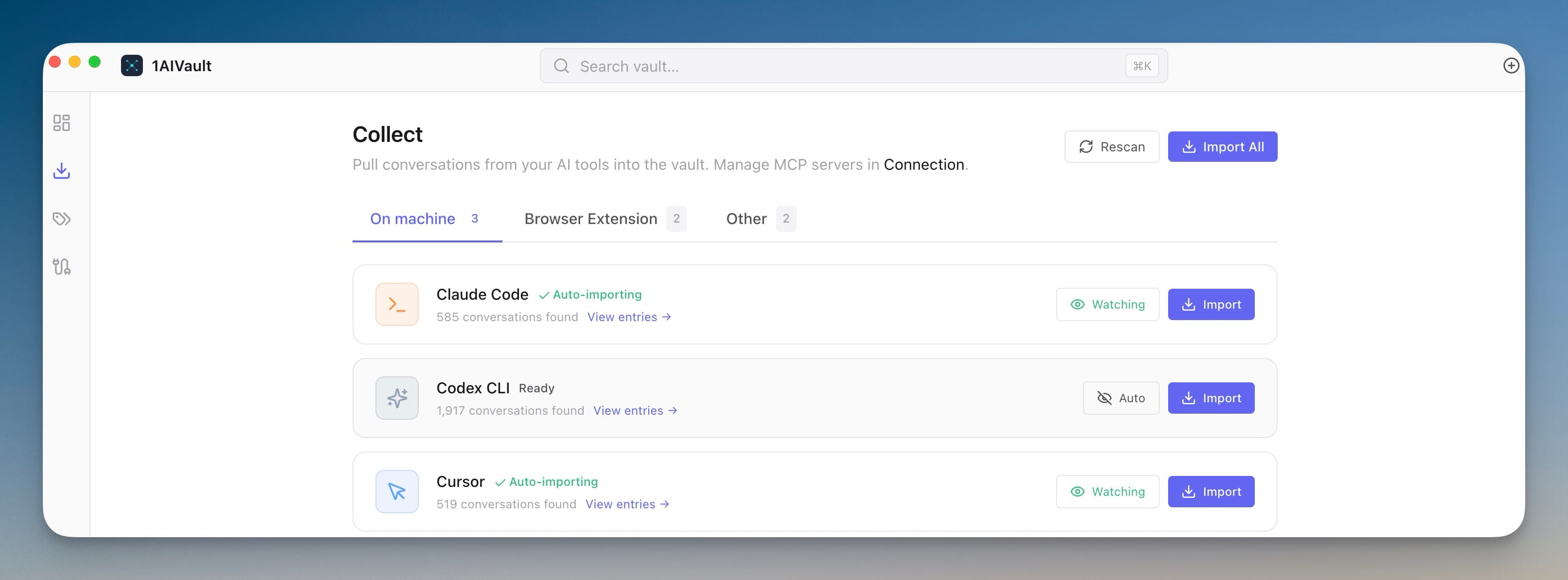Collect view showing Claude Code, Codex CLI, and Cursor with auto-importing status and conversation counts.