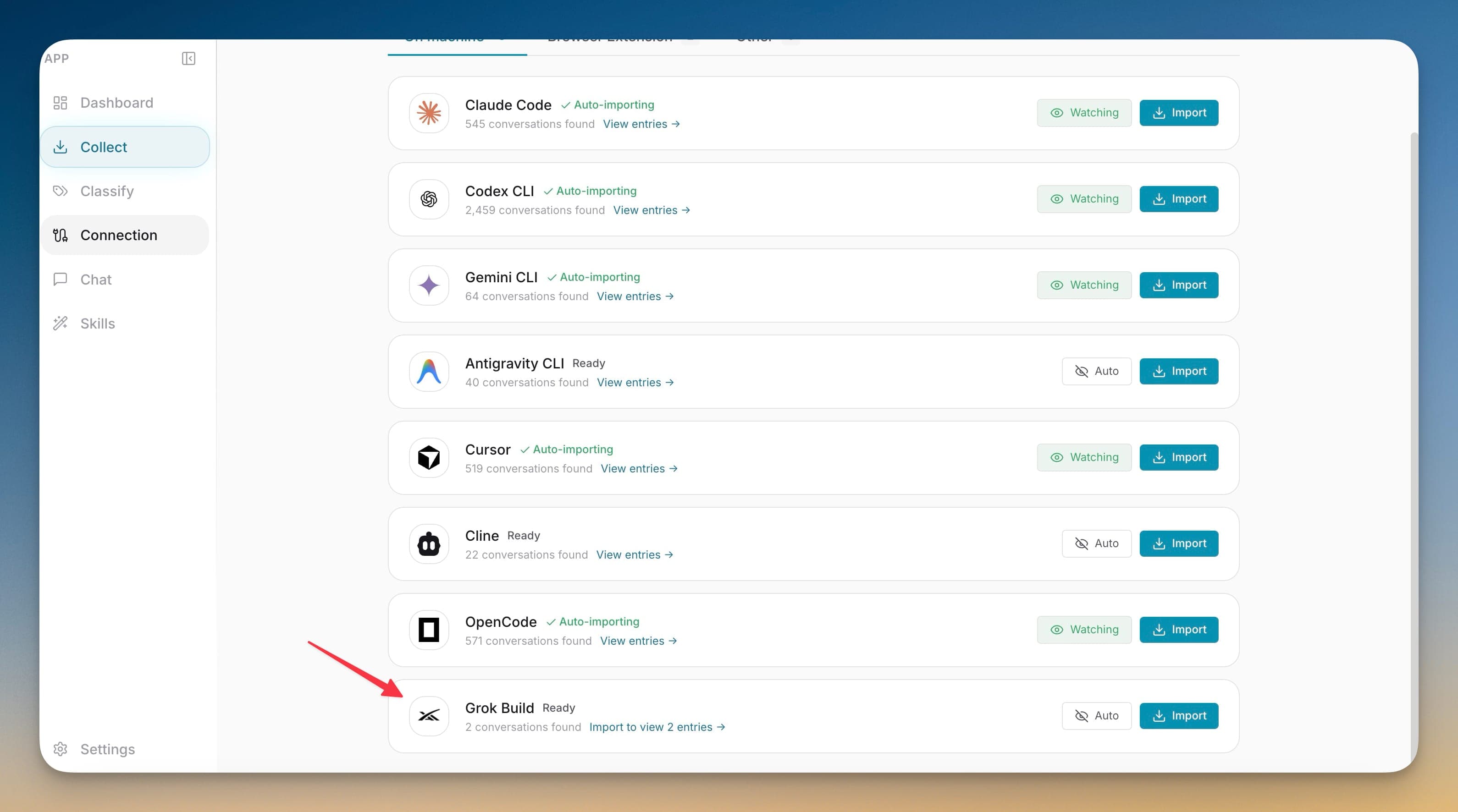 1AIVault Connection screen listing supported AI tools with Grok Build newly available to import conversations from