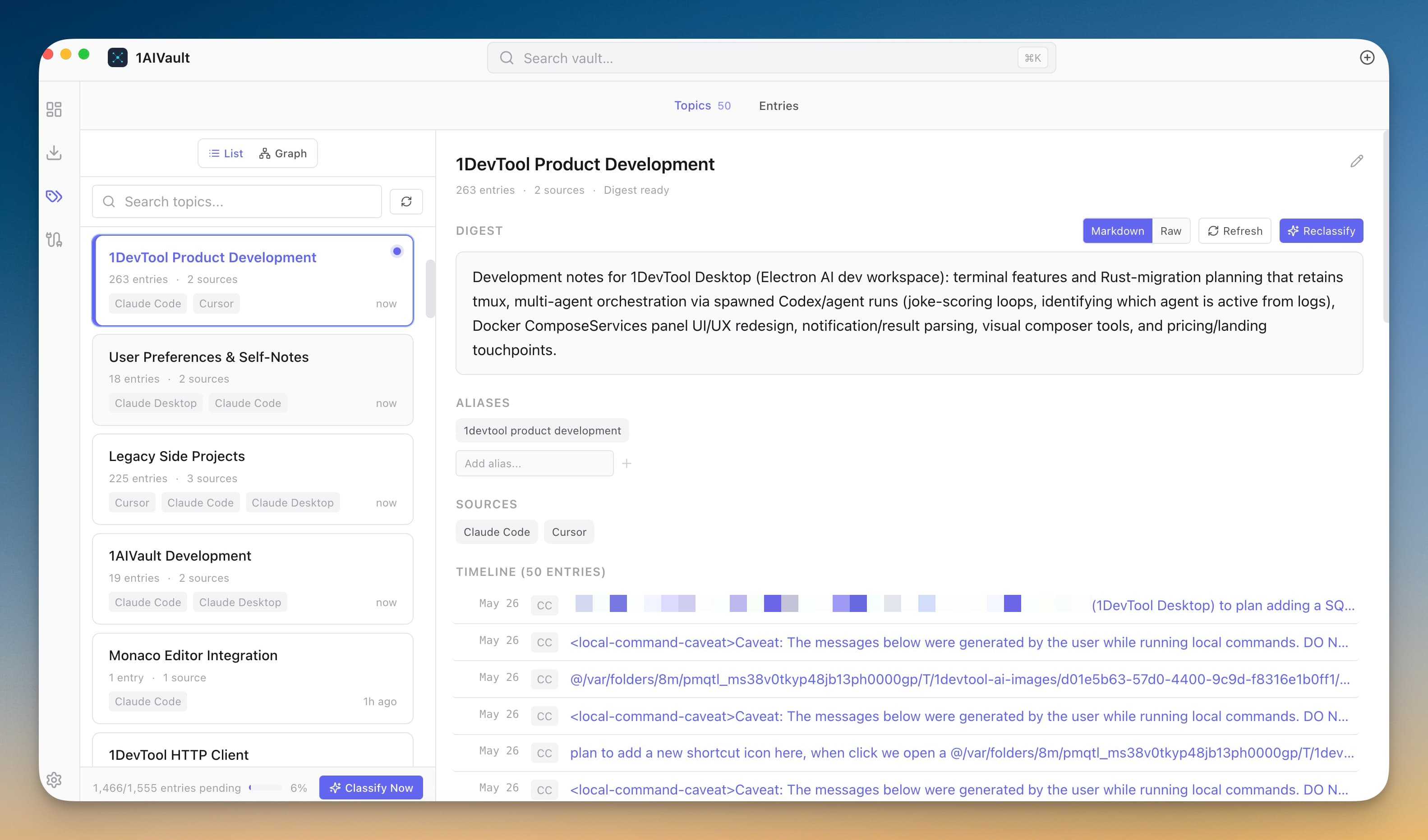 Topics view showing a 1DevTool Product Development topic with digest, aliases, sources, and a timeline of 50 entries.