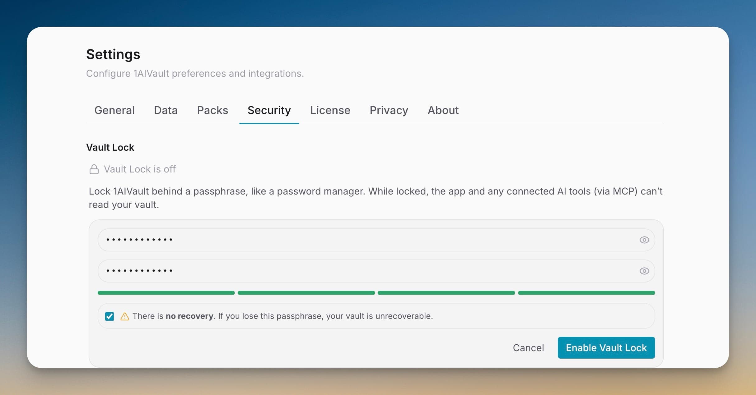 1AIVault Settings → Security tab showing the Vault Lock setup with two passphrase fields, a strength meter, and a no-recovery acknowledgment before Enable Vault Lock