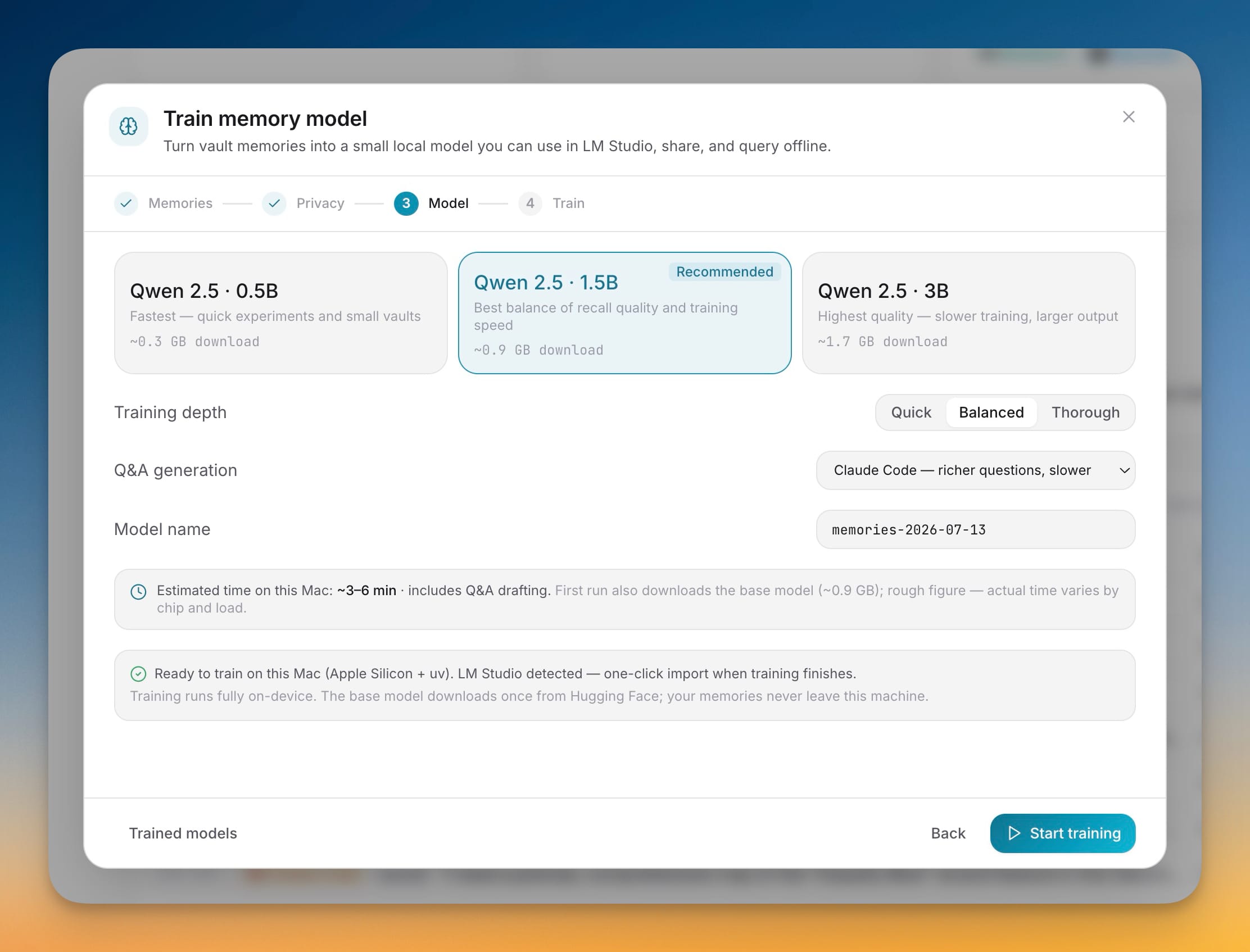 Model step showing three Qwen 2.5 base-model choices with 1.5B recommended, Balanced training depth, and Claude Code selected to draft the Q&A pairs.