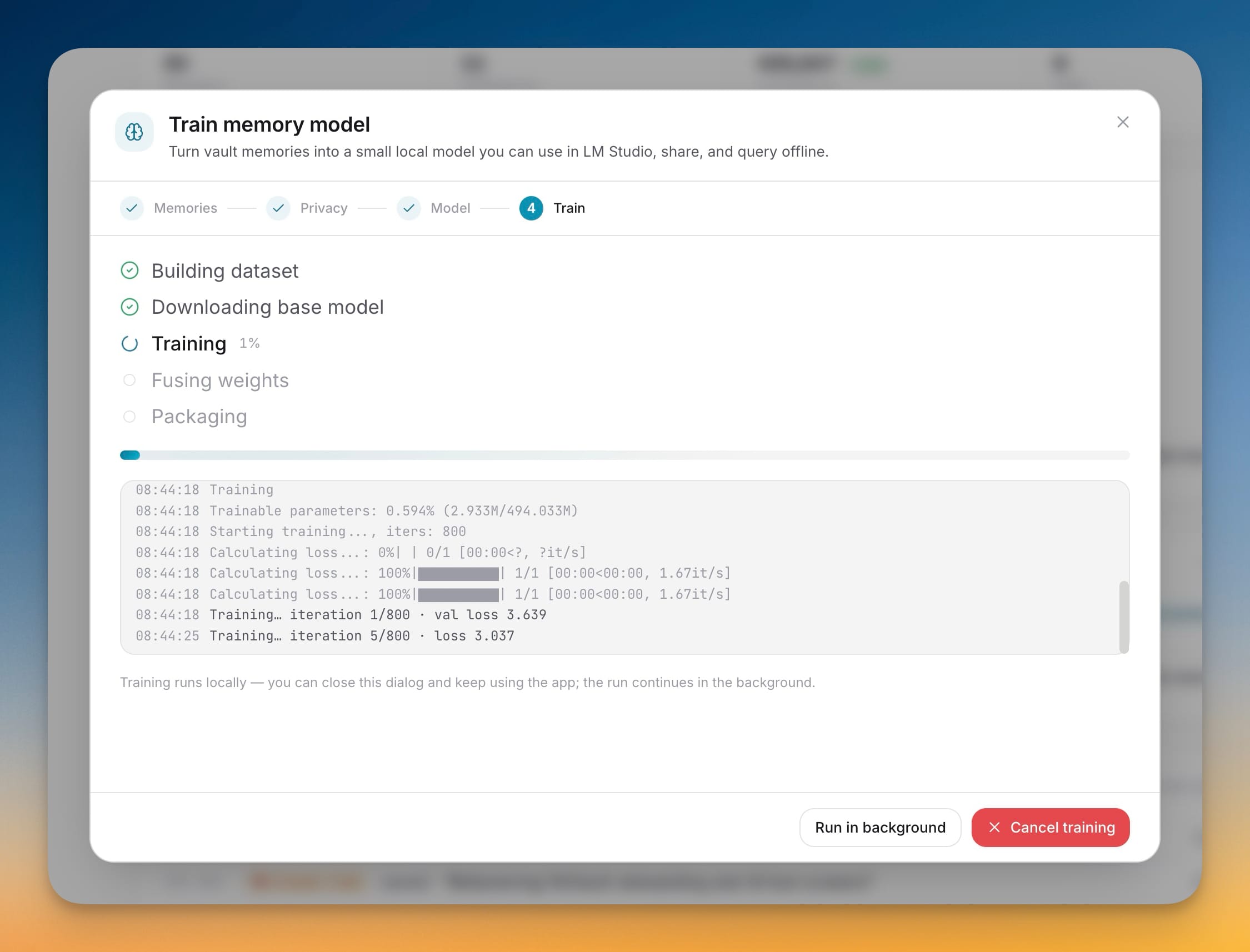 Train step with the on-device pipeline running — dataset built, base model downloaded, and training at 1% with a live iteration-and-loss log.