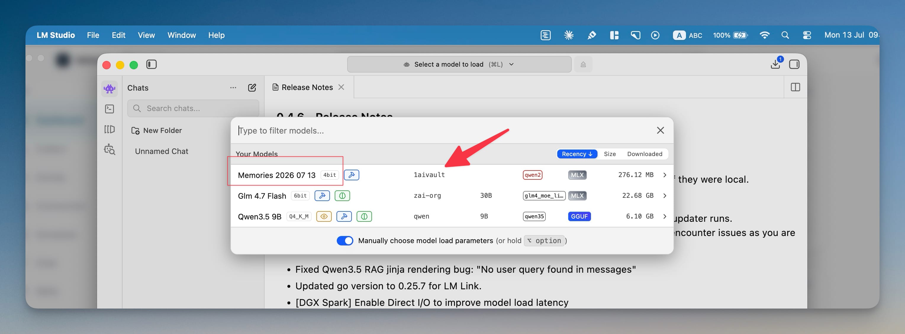 LM Studio model picker listing the trained Memories 2026-07-13 model under the 1aivault namespace, ready to load and query offline.
