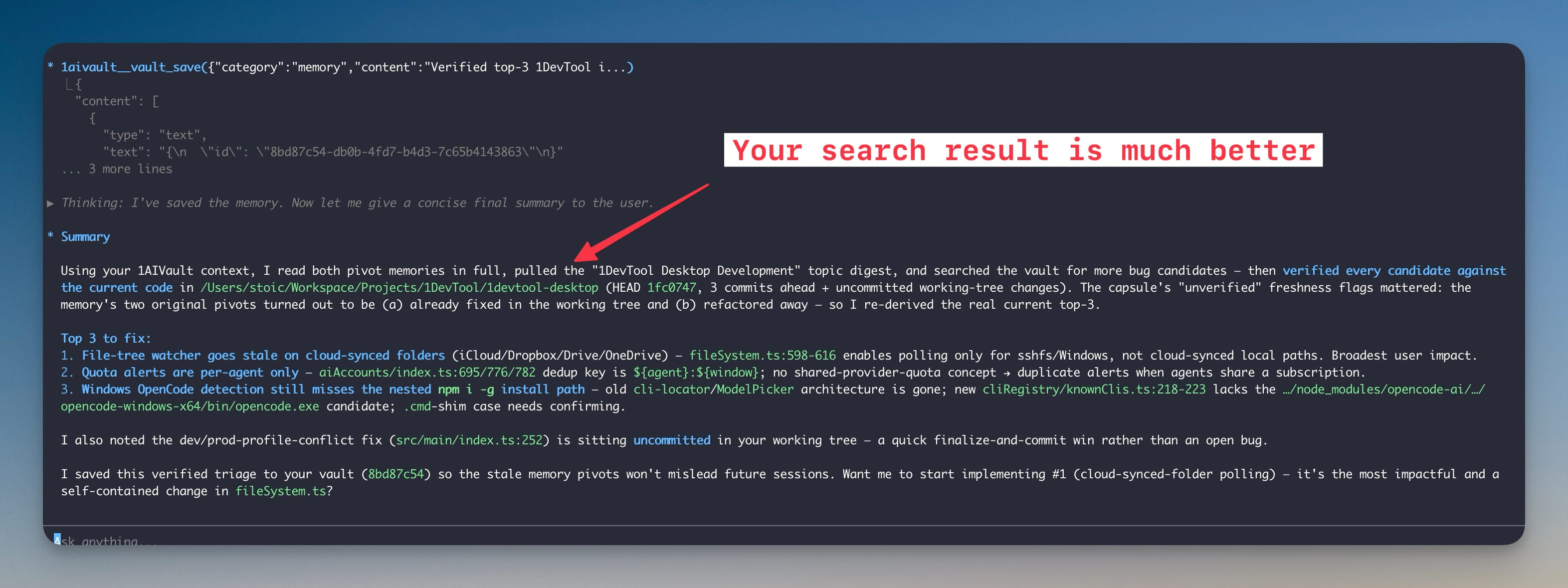 An AI agent's verified summary after using vault context, re-deriving a top-3 issue list and saving it back to the vault as a new memory