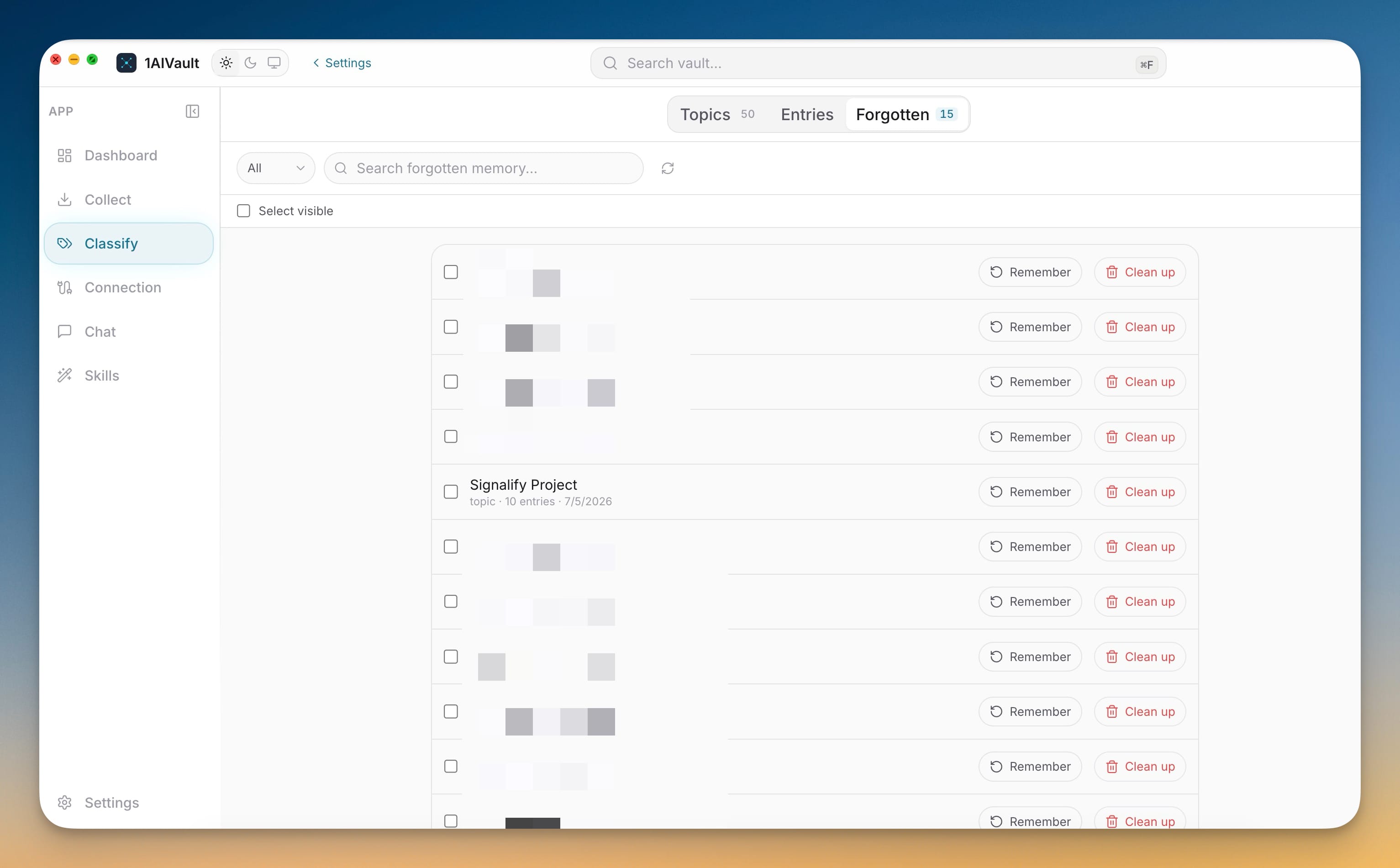Classify Forgotten tab listing hidden entries and topics with Remember and Clean up actions.